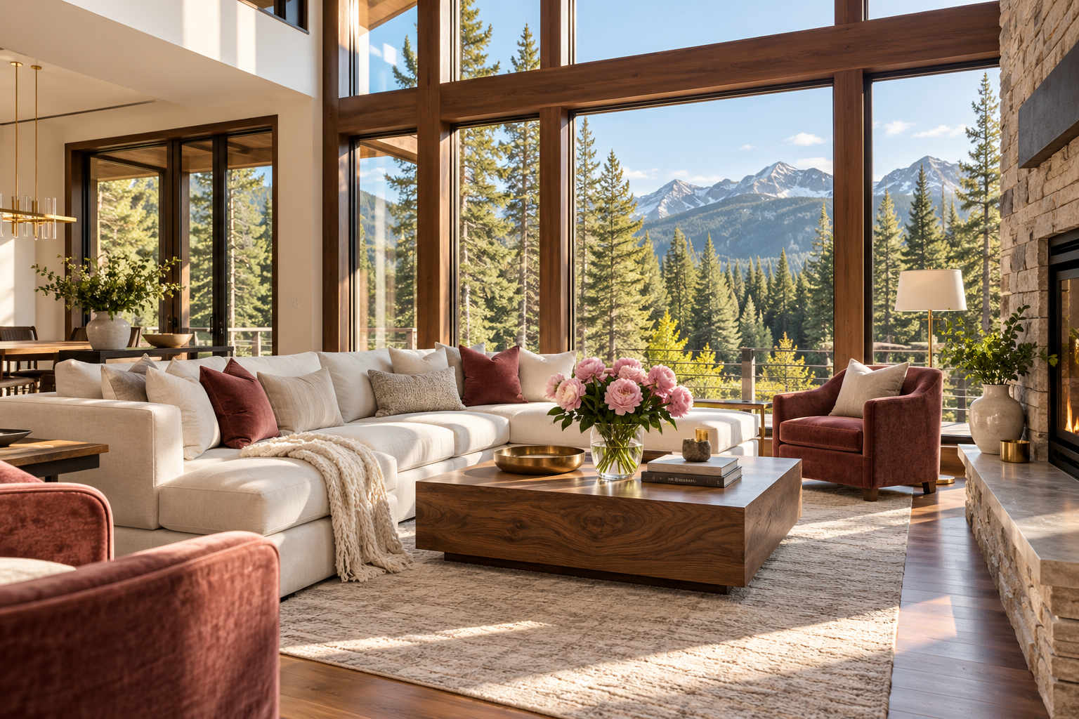 A beautifully styled mountain living room with warm wood, fresh flowers and a view of Montana pines